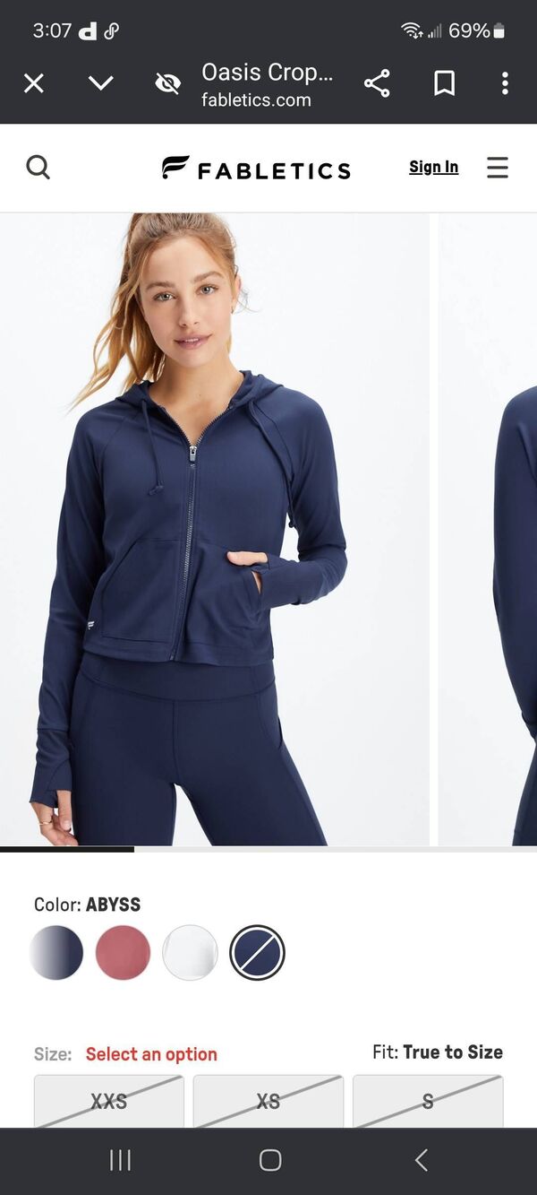 New XS Fabletics Abyss Blue Bailey Cropped Pureluxe Hoodie Jacket Athletic